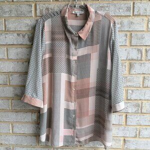 Rose & Olive 3/4 Sleeve Button Up Collared Multicolor Geo Shirt Blouse Size 1X